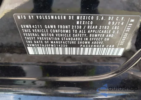 2015 Volkswagen Jetta 2.0L S z USA, uszkodzony, nr VIN 3VW2K7AJ0FM214220
